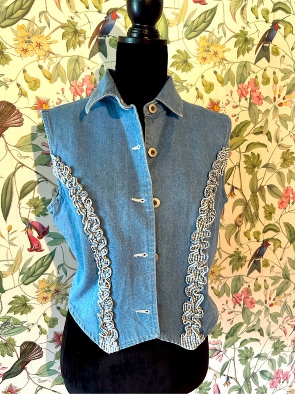SANTA BARBARA BUTTON UP DENIM VEST WITH RUFFLES 19.5” PTP